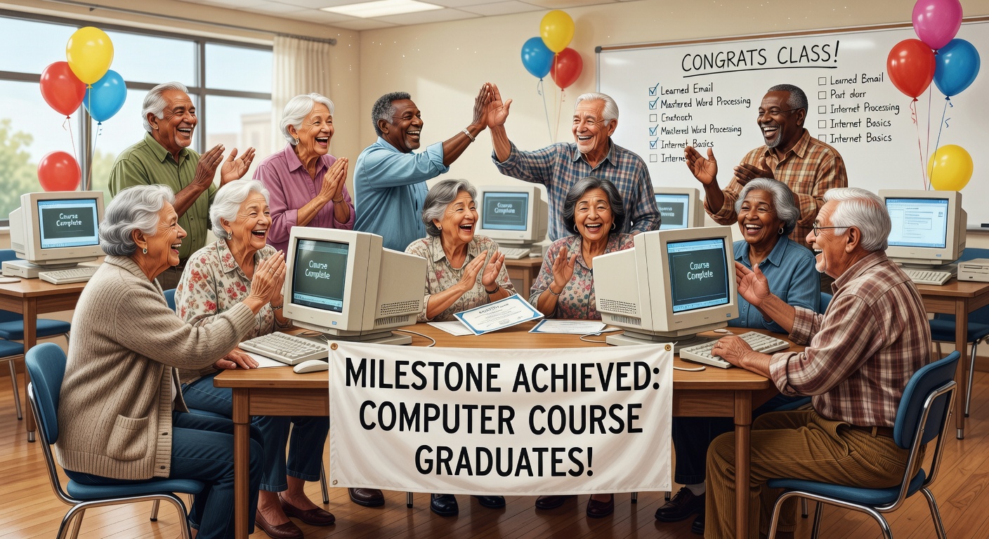 コースのマイルストーンを達成して喜ぶシニアの方々