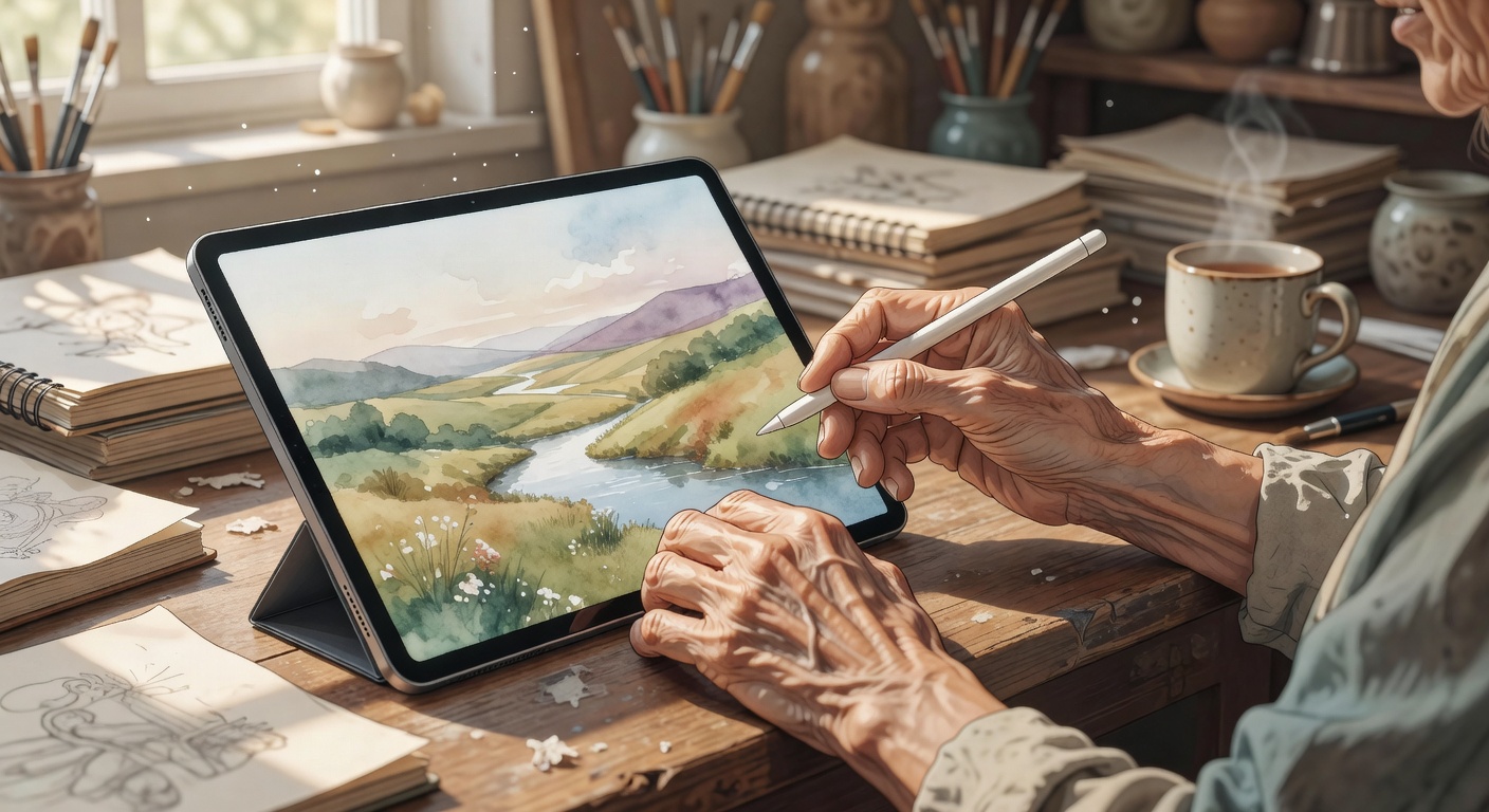 高齢者がパソコンでデジタル作品を楽しんで作成している様子