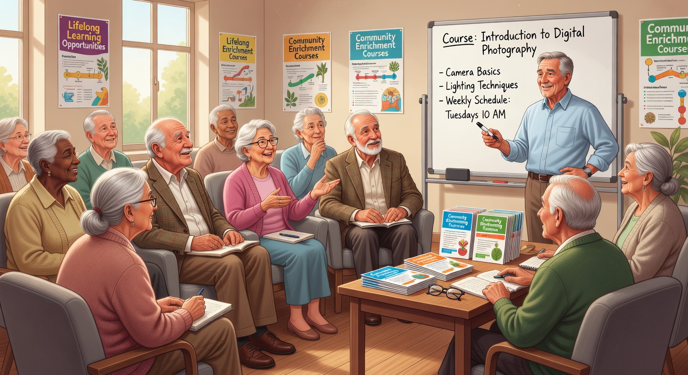 シニアの方々がコースの詳細について講師と話し合っている様子