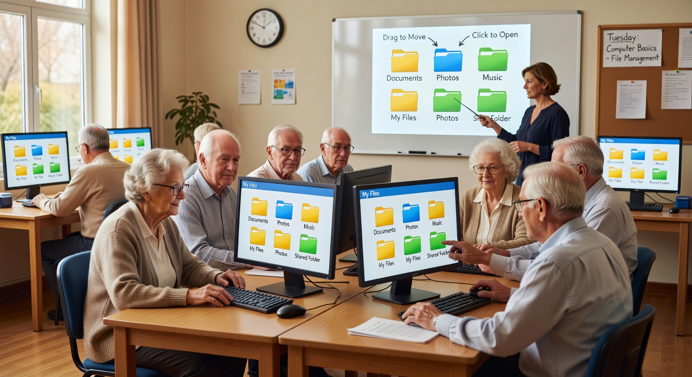 高齢者がパソコンでファイル管理を学んでいる様子