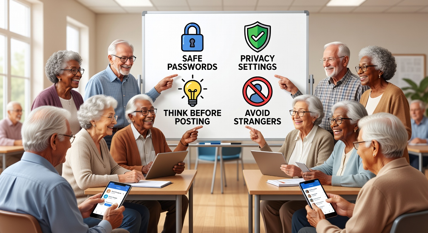 高齢者がSNSの使い方を楽しそうに学んでいる様子