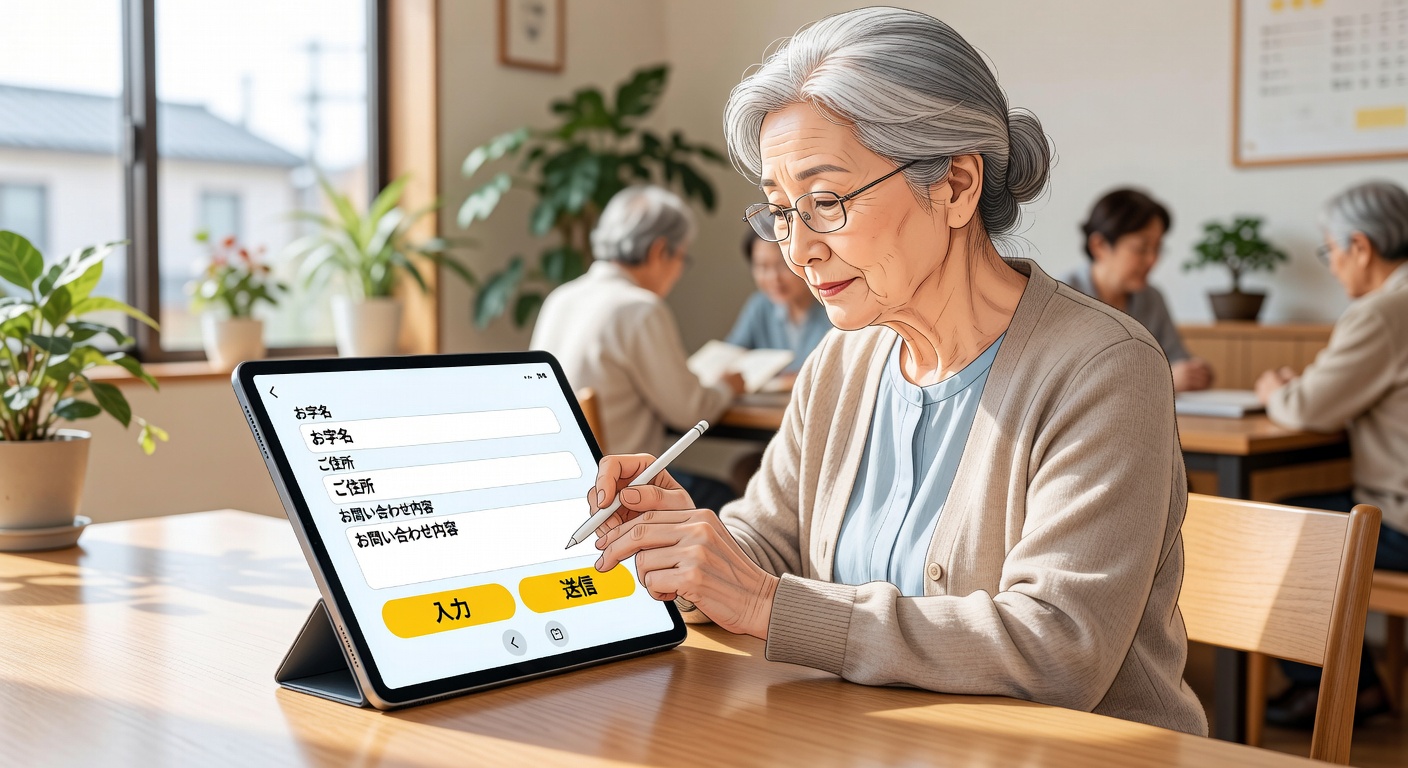 シニアの方が問い合わせフォームを丁寧に記入している様子
