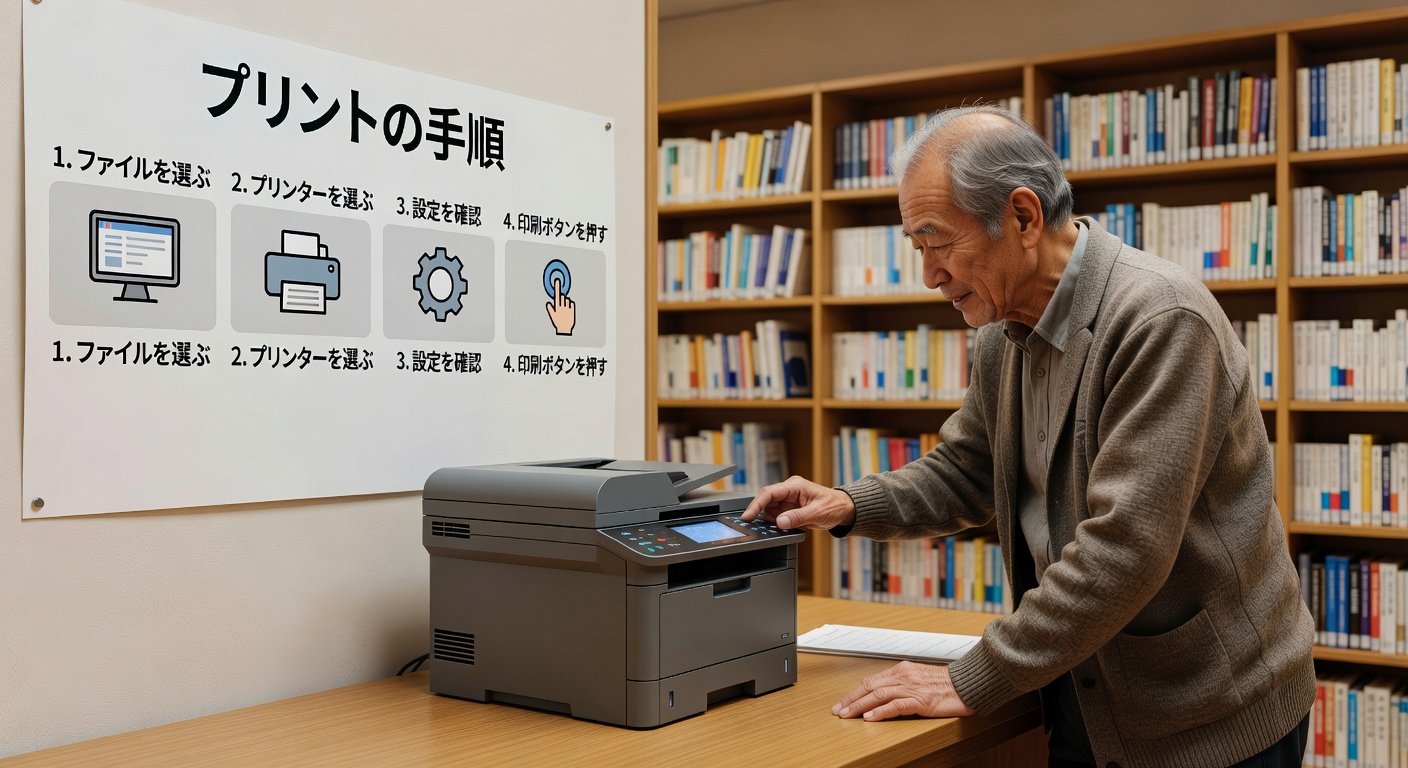 シニアの方がプリンターで文書を印刷する方法を学んでいる様子