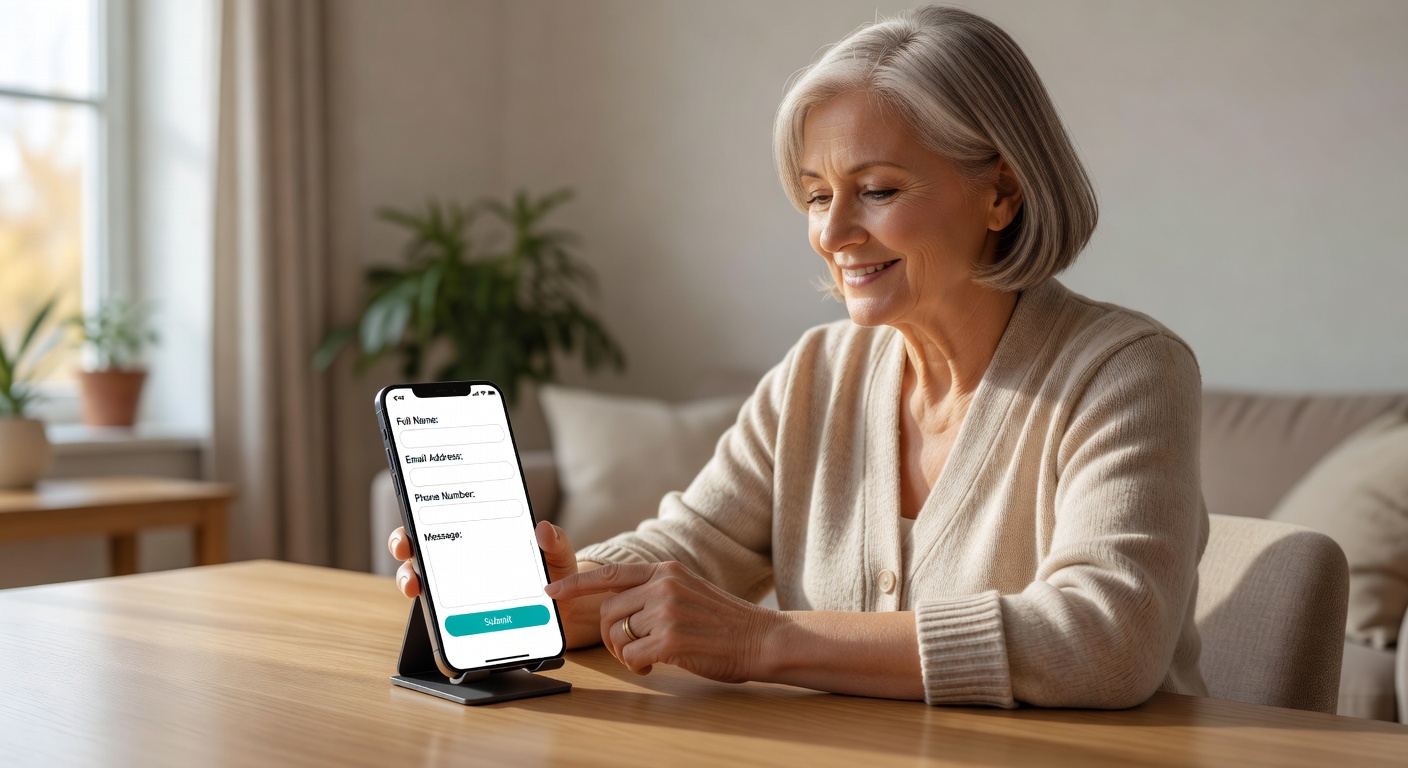 シニアの方がお問い合わせフォームを送信している様子
