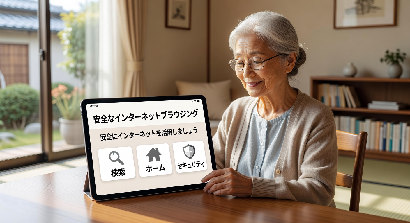 シニア女性がパソコンでインターネットを楽しんでいる様子